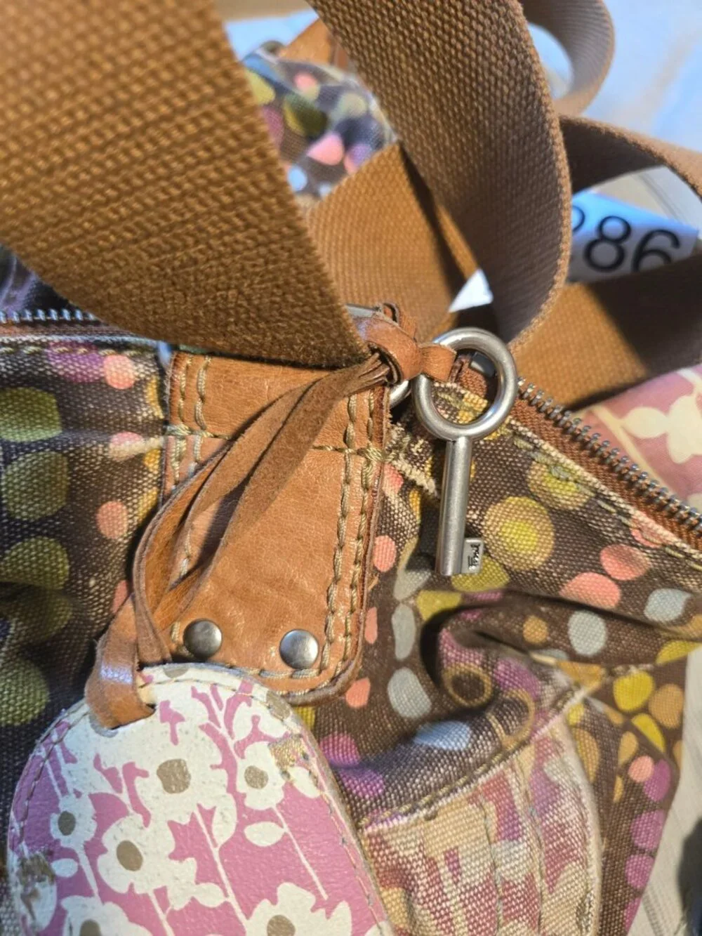 Vintage Fossil Multicolor Dot Canvas Crossbody Bag With Key & Pockets distressed